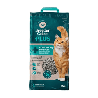White background with a 25 litre bag of Breeder Celect Plus cat recycled paper litter with a ginger tabby adult cat pictured on the bag. 