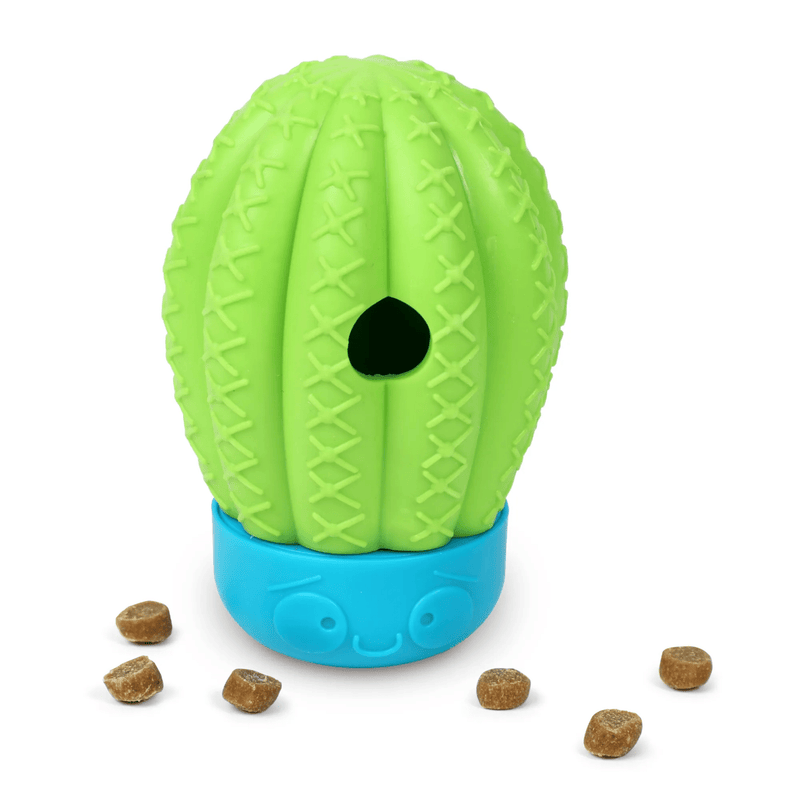 Cactus shape treat dispenser with a green top with hole in the top and a blue pot base on a white background. 