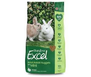 White background with a bag of Burgess Excel Adult rabbit dry food. On the bag are two adult rabbits on grass. Text on the bag reads 'Burgess Excel, Adult Rabbit Nuggets with Mint.' 