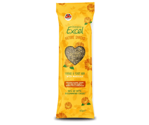 White background with a picture of a yellow Burgess Excel Nature Snacks Forage & Feast Bar with Marigold with illustrated Marigolds pictured on the packet. A heart shaped window shows the bar inside. 