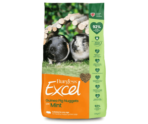 White background with a bag of Burgess Guinea Pig Nuggets with Mint dry food. On the bag is two Guinea pigs in a wooden shelter, on grass. Text on the bag reads 'Burgess Excel, Guinea Pig Nuggets with Mint'. 
