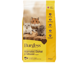 White background with a bag of Burgess Hamster, Gerbil and Mouse Nuggets dry food. On the bag is a Hamster, a Gerbil and a Mouse. Text on the bag reads 'Burgess Excel, Burgess Hamster, Gerbil and Mouse Nuggets.'