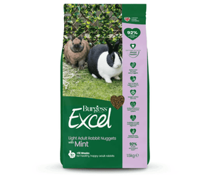 White background with a bag of Burgess Excel Light Adult rabbit dry food. On the bag are two adult rabbits on grass. Text on the bag reads 'Burgess Excel, Light Adult Rabbit Nuggets with Mint.' 
