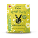 White background with a picture of a green box of Burgess Excel Nature Snacks Meadow Munchies with illustrated camomile flowers pictured on the packet. A rabbit shaped window shows the treats inside. 