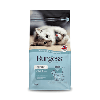 White background with a bag of Burgess Kitten dry food. On the bag is a silver tabby kitten on it's side. Text on the bag reads 'Burgess Kitten, Chicken Complete Food, 1.5kg' 