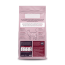 White background with back view of a bag of Burgess Mature Cat Turkey and Cranberry dry food. 
