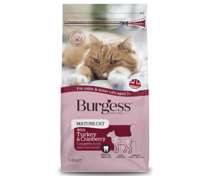 White background with a bag of Burgess Mature Cat dry food. On the bag is a ginger tabby and white cat lying down. Text on the bag reads 'Burgess Mature Cat, with Turkey & Cranberry, Complete Food. 1.4kg' 