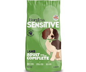 White background with a green bag of Burgess Sensitive Adult dry food. On the bag is a illustration of a spaniel type dog. Text on the bag reads 'Burgess Sensitive, Lamb Adult Complete, from 1+ years'. 