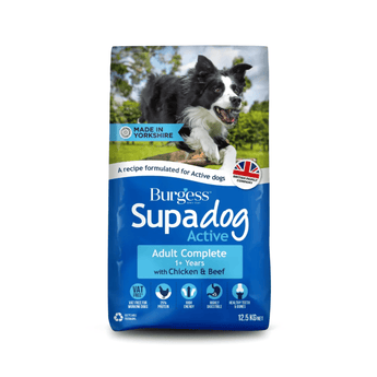 White background with a bag of Burgess Supadog Active Adult dry food. On the bag is a Border Collie pictured jumping over a log in the countryside. Text on the bag reads 'Burgess SupaDog Active, Adult Complete, 1+ years with Chicken & Beef'. 