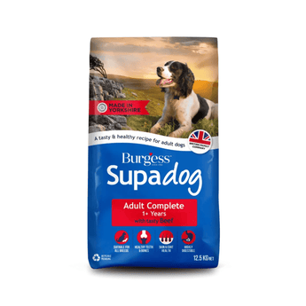 White background with a bag of Burgess Supadog Adult dry food. On the bag is a Springer Spaniel pictured in the countryside. Text on the bag reads 'Burgess SupaDog, Adult Complete, 1+ years with tasty beef'. 