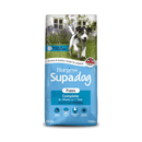 White background with a bag of Burgess Supadog Puppy dry food. On the bag is a Jack Russell puppy running in a garden. Text on the bag reads 'Burgess SupaDog,Puppy Complete, 6+ weeks to 1 year, with tasty chicken'. 