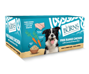 White background with a teal box of Burns Free Range Chicken Wet Dog Food made with Carrots & Brown Rice. Pictured on the box is a collie dog with illustrations of chicken pieces, carrots and a bowl of rice. 