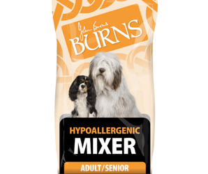 White background with a bag of Burns Hypoallergenic Mixer dry dog food, pictured on the bag is a Old English Sheepdog and a cavalier King Charles spaniel below is text 'Hypoallergenic Mixer, Adult/Senior'.