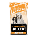 White background with a bag of Burns Hypoallergenic Mixer dry dog food, pictured on the bag is a Old English Sheepdog and a cavalier King Charles spaniel below is text 'Hypoallergenic Mixer, Adult/Senior'.