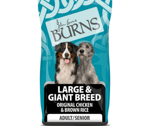 White background with a bag of Burns Large Breed Original Chicken dry dog food, pictured on the bag is a Burmese Mountain dog and a Irish Wolfhound below is text 'Large & Giant Breed, Original Chicken & Brown Rice, Adult/Senior Dogs'.