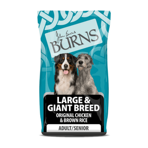 White background with a bag of Burns Large Breed Original Chicken dry dog food, pictured on the bag is a Burmese Mountain dog and a Irish Wolfhound below is text 'Large & Giant Breed, Original Chicken & Brown Rice, Adult/Senior Dogs'.