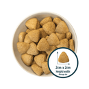 White background with a white bowl of dry dog food and a circle with a close up picture of a single kibble with the size displayed beneath '2cm x 2cm, width/depth, average size'. 