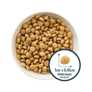 White background with a white bowl of dry puppy food and a circle with a close up picture of a single kibble with the size displayed beneath '1cm x 0.45cm, width/depth, average size'. 