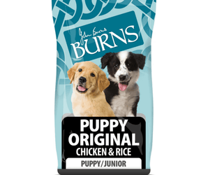 White background with a bag of Burns Original Chicken dry puppy food, pictured on the bag is a Border Collie and Labrador puppies below is text 'Original Chicken & Rice, Puppy/Junior'.