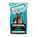 White background with a bag of Burns Original Fish dry dog food, pictured on the bag is a German Shepherd and a Cavalier King Charles Spaniel below is text 'Original Fish & Brown Rice, Adult/Senior Dogs'.
