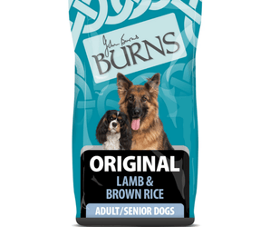White background with a bag of Burns Original Lamb dry dog food, pictured on the bag is a German Shepherd and a Cavalier King Charles Spaniel below is text 'Original Lamb & Brown Rice, Adult/Senior Dogs'.