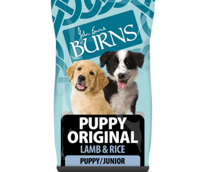 White background with a bag of Burns Original Lamb dry puppy food, pictured on the bag is a Border Collie and Labrador puppies below is text 'Original Lamb & Rice, Puppy/Junior'.
