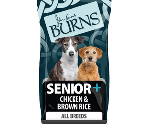 White background with a bag of Burns Senior All Breeds Chicken dry dog food, pictured on the bag is two mixed breed dogs below is text 'Senior+ Chicken & Brown Rice, All Breeds'.