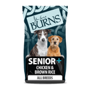 White background with a bag of Burns Senior All Breeds Chicken dry dog food, pictured on the bag is two mixed breed dogs below is text 'Senior+ Chicken & Brown Rice, All Breeds'.