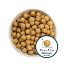 White background with a white bowl of dry dog food and a circle with a close up picture of a single kibble with the size displayed beneath '1.1cm x 1.1cm, width/depth, average size'. 