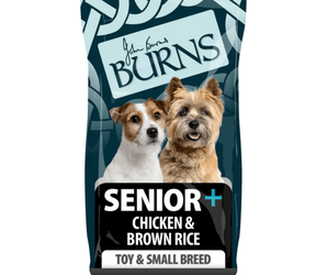 White background with a bag of Burns Senior Small Breed Chicken dry dog food, pictured on the bag is a Cairn terrier and a Jack Russel terrier below is text 'Senior+ Chicken & Brown Rice, Toy & Small Breed'.