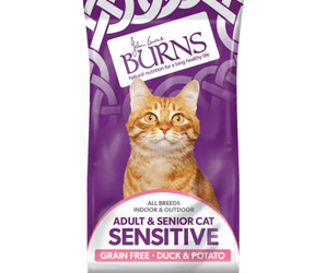 White background with a purple bag of Burns Sensitive Adult Cat food. On the bag an adult ginger tabby cat is pictured with text 'All Breeds, Indoor & Outdoor, Adult & Senior, Sensitive, Grain Free, Duck & Potato'. 