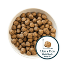 White background with a white bowl of dry dog food and a circle with a close up picture of a single kibble with the size displayed beneath '1.1cm x 1.1cm, width/depth, average size'. 