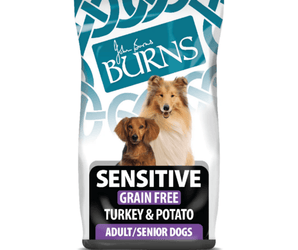 White background with a bag of Burns Sensitive Grain Free Turkey dry dog food, pictured on the bag is a Sheltie and a Dachshund below is text 'Sensitive Grain Free, Turkey & Potato, Adult/Senior Dogs'.