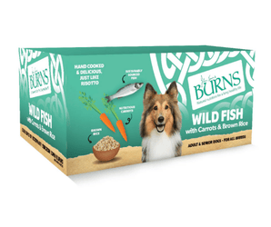 White background with a purple box of Burns Wild Fish Wet Dog Food made with Carrots & Brown Rice. Pictured on the box is a Sheltie dog with illustrations of a fish, carrots and a bowl of rice. 