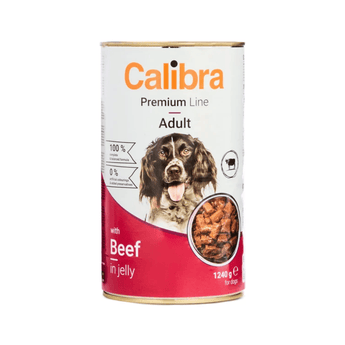 A can of Calibra Premium Line Adult dog food, beef in jelly flavor, on a plain white background.