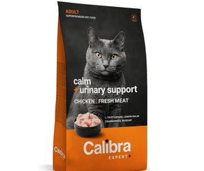 A bag of Calibra Expert+ urinary support adult cat food, featuring a grey cat on a black and orange package.