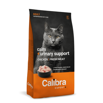 A bag of Calibra Expert+ urinary support adult cat food, featuring a grey cat on a black and orange package.