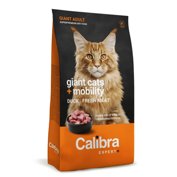 A bag of Calibra Expert+ cat food for giant cats, featuring a fluffy orange tabby cat on the front, with a black upper section and a bright orange lower section. The text reads 'GIANT ADULT', 'giant cats + mobility', and 'DUCK FRESH MEAT'.