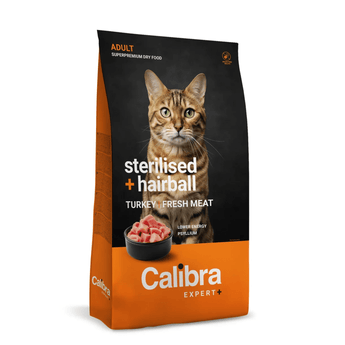 A bag of Calibra Expert+ sterilised + hairball adult cat food, featuring a brown tabby cat on a black and orange package.