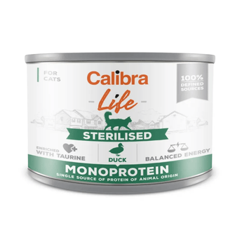 A can of Calibra Life Sterilised Monoprotein cat food, featuring a white label with green and orange text, and a silver metal lid and base, on a plain white background.