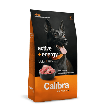 A bag of Calibra Expert+ Adult Active + Energy dog food, featuring a black and orange package with a picture of a black dog and a bowl of raw beef.