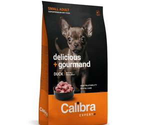 Calibra Expert+ small adult duck dry dog food in a 12kg bag. The packaging features a black upper section with a photo of a small brown dog, and an orange lower section with the brand name 'Calibra Expert+' in white text.