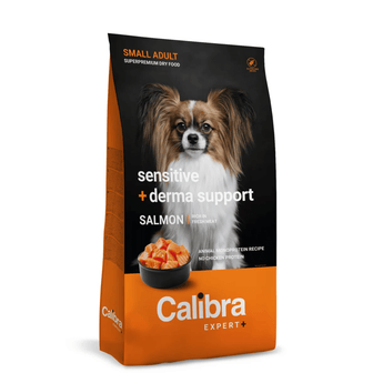 A bag of Calibra Expert+ small adult salmon sensitive + derma support dog food, featuring a Papillon dog on the packaging and a bowl of salmon chunks, set against a plain white background.