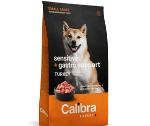 A bag of Calibra Expert+ Small Adult Sensitive + Gastro Support dry dog food, featuring a Shiba Inu dog on the front, set against a plain white background.