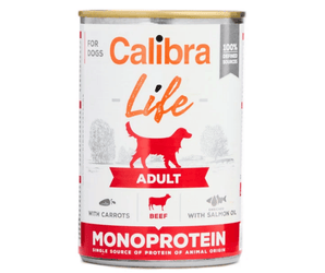A can of Calibra Life Adult dog food by Monoprotein, featuring a white label with orange and red text and graphics of a dog silhouette, on a white background.