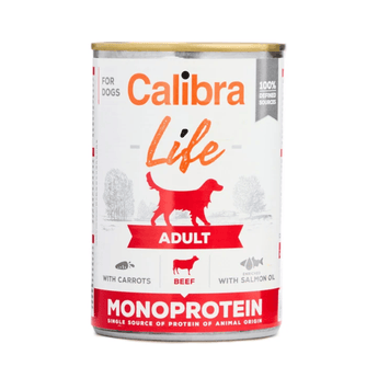A can of Calibra Life Adult dog food by Monoprotein, featuring a white label with orange and red text and graphics of a dog silhouette, on a white background.