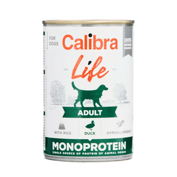 A can of Calibra Life Adult Monoprotein dog food on a plain white background. The can features a white label with green and orange text, a green silhouette of a dog, and icons indicating it is with rice, duck, and hypoallergenic.