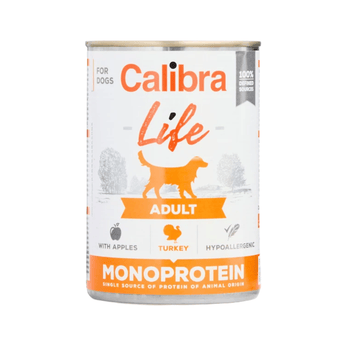 A can of Calibra Life Adult dog food, Monoprotein variety, featuring a white label with orange text and graphics of a dog and apples on a plain white background.