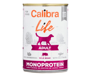 A can of Calibra Life Adult Monoprotein Wild Boar wet dog food, featuring a white label with orange and magenta text and graphics, on a plain white background.