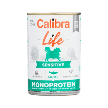 A can of Calibra Life Sensitive Monoprotein dog food, featuring a white label with orange and teal branding and a green dog silhouette.